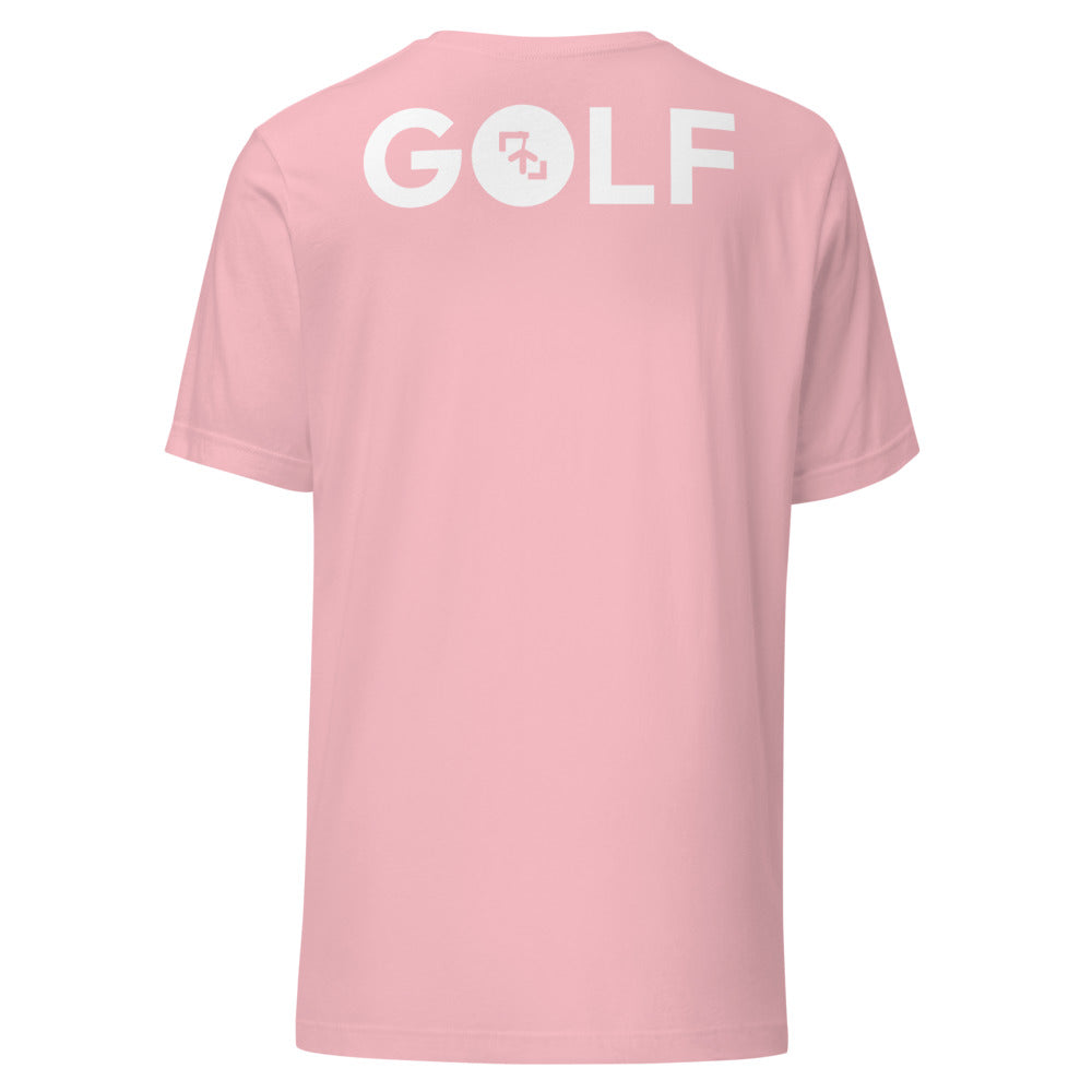 Camiseta Golf Club · diseño B · prenda rosa, hilo blanco (espalda)
