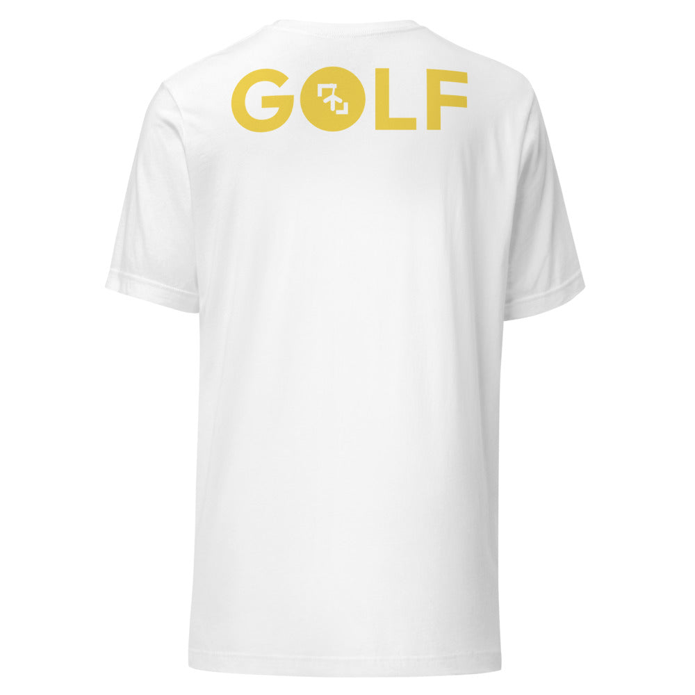 Camiseta Golf Club · diseño B · prenda blanca, hilo amarillo (espalda)