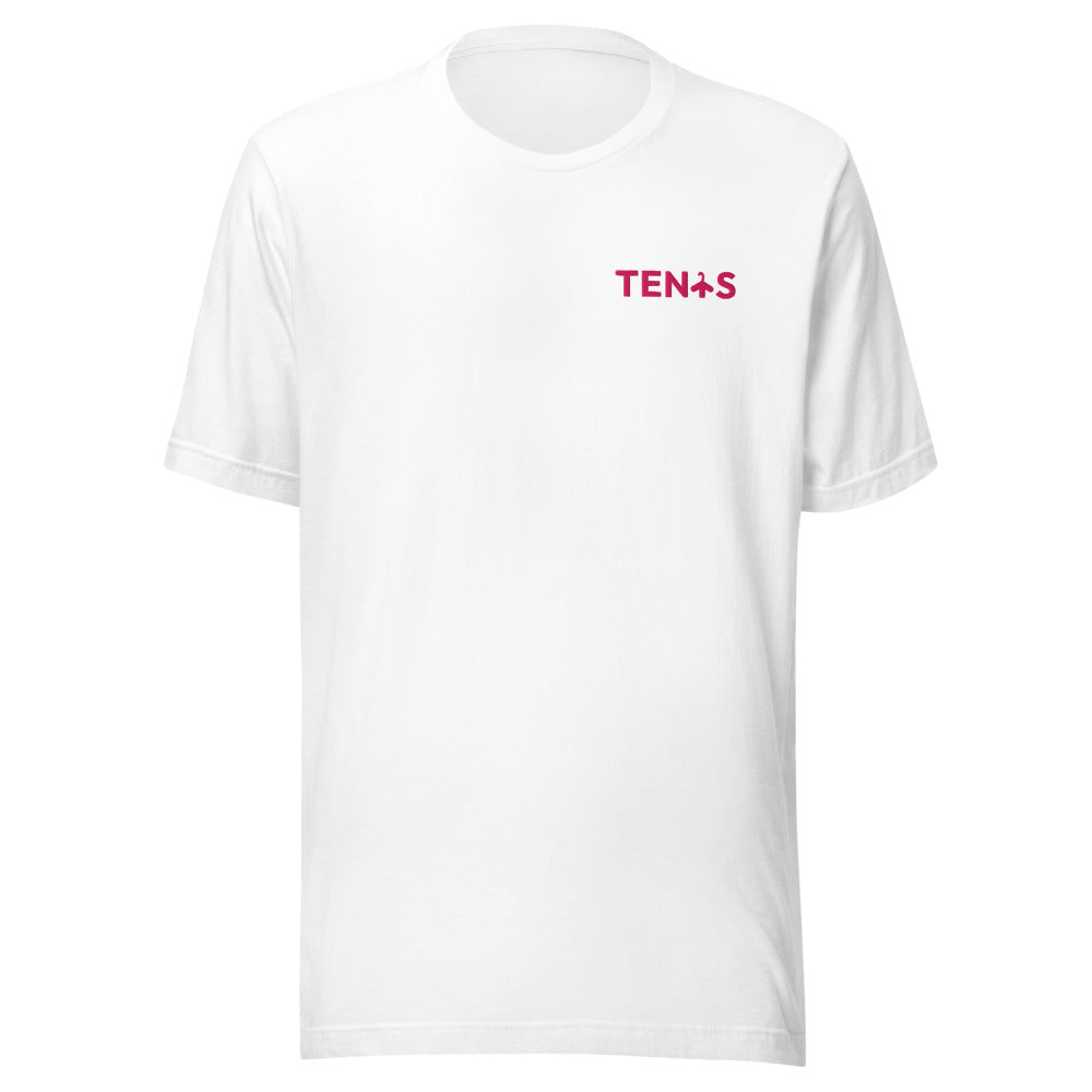 Camiseta Tenis Club · diseño A · blanca con bordado rosa