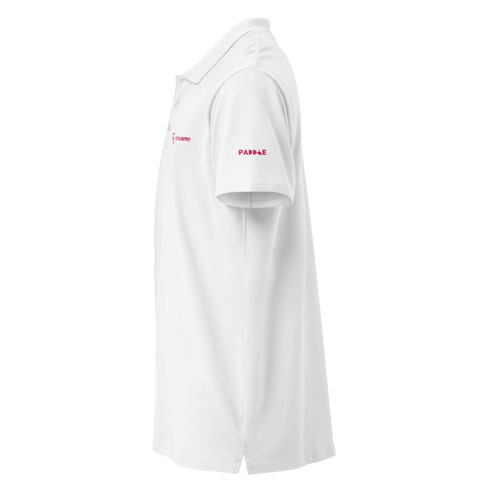 Polo Pádel Club · diseño B · blanca con bordado rosa · manga