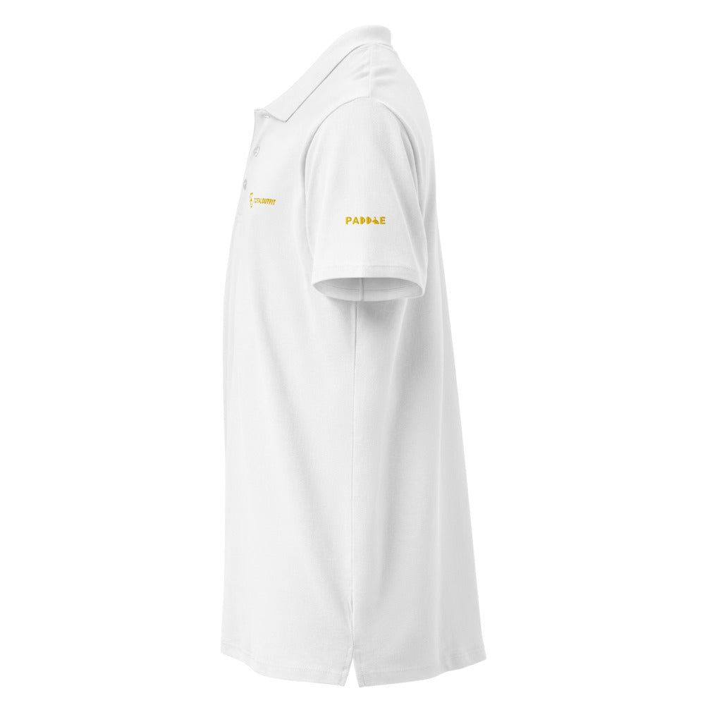 Polo Pádel Club · diseño B · blanca con bordado amarillo · manga
