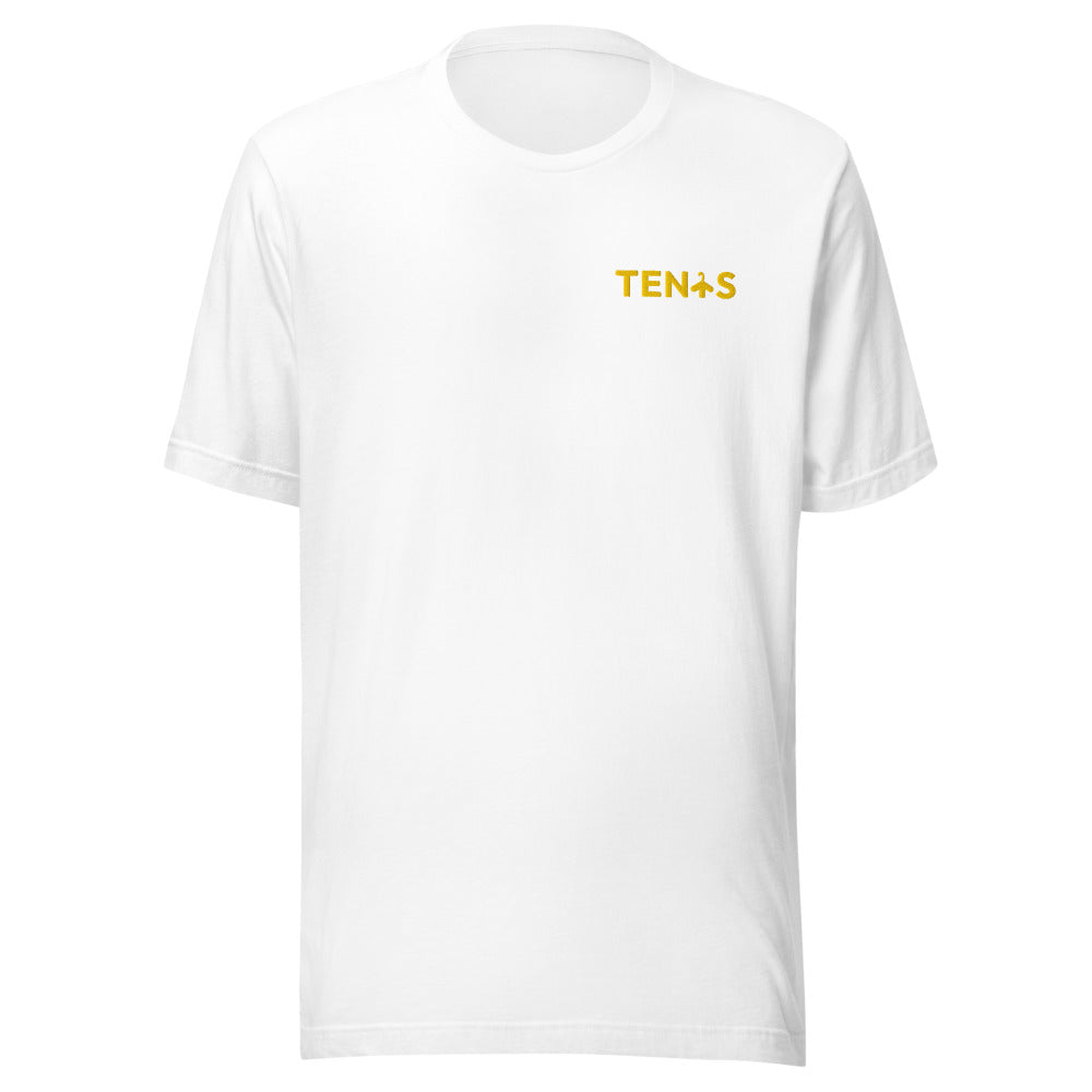 Camiseta Tenis Club · diseño A · blanca con bordado amarillo