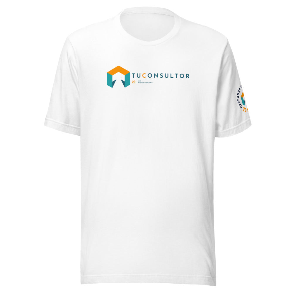 Camiseta TuConsultor 20 Aniversario logo horizontal · blanca